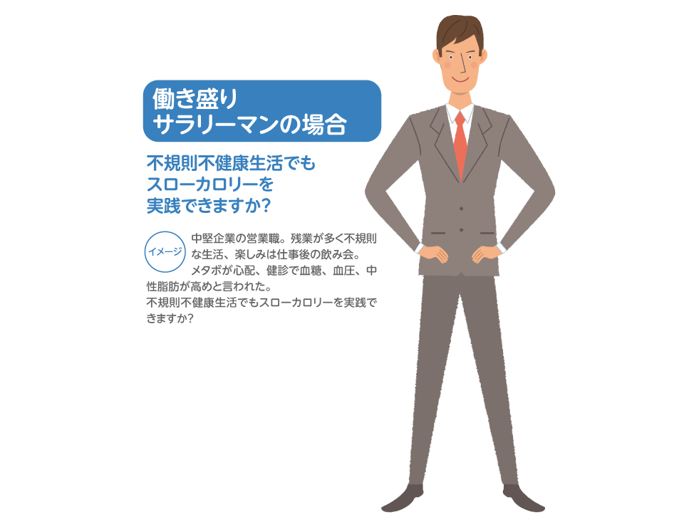 働き盛りサラリーマンの場合 不規則不健康生活でもスローカロリーを実践できますか？
